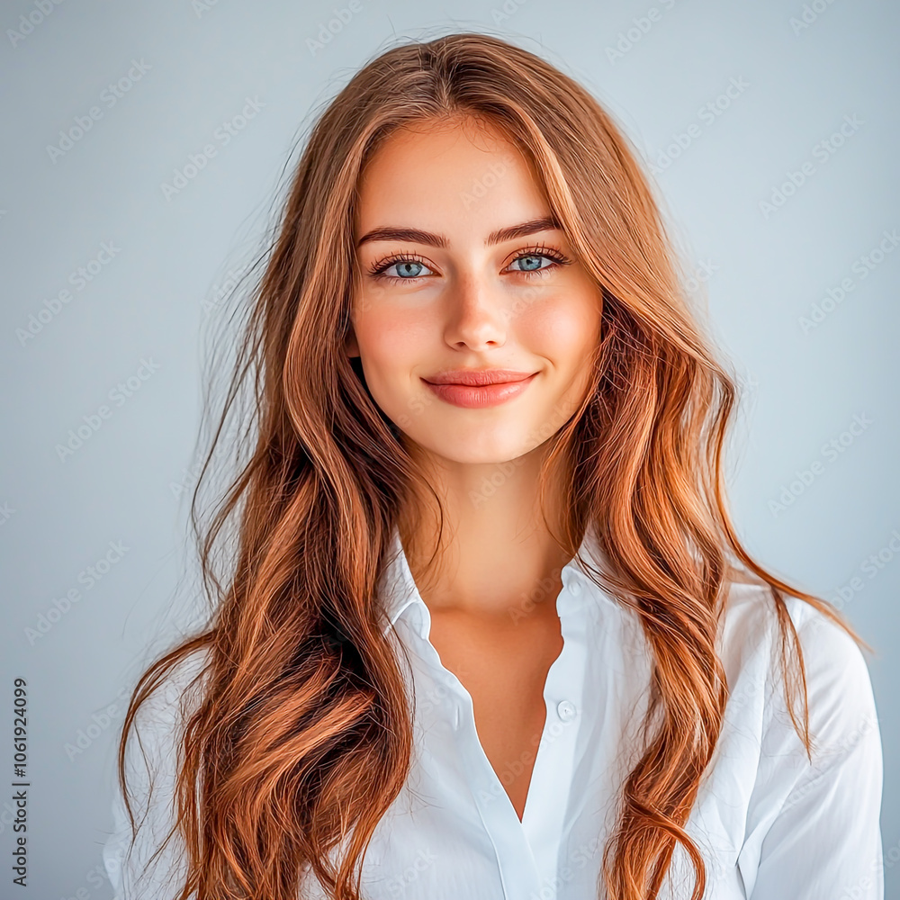 a beautiful, smiling business woman with long hair, wearing a white shirt a beautiful, smiling business woman with long hair, wearing a white shirt