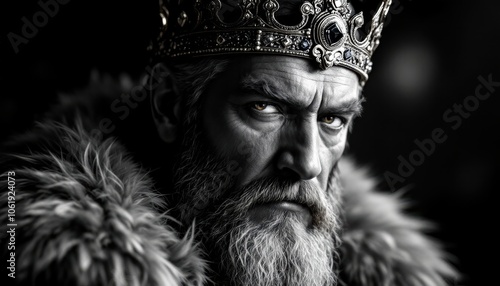 Regal Portrait of a Bearded King in Ornate Crown and Fur Robe