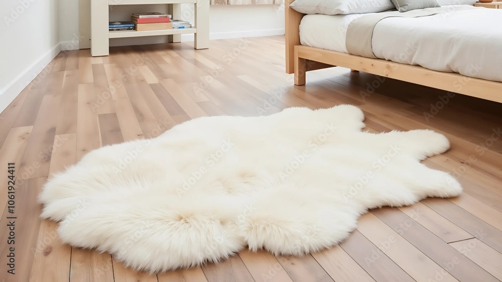 White fluffy sheepskin rug lying on the floor, adding a cozy and soft touch to the scene White fluffy sheepskin rug lying on the floor, adding a cozy and soft touch to the scene