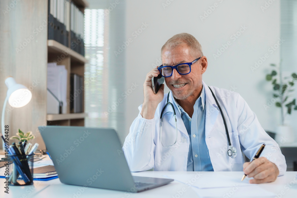 Senior doctor smiling and talking on mobile phone while taking notes and working on laptop in bright medical office Senior doctor smiling and talking on mobile phone while taking notes and working on laptop in bright medical office