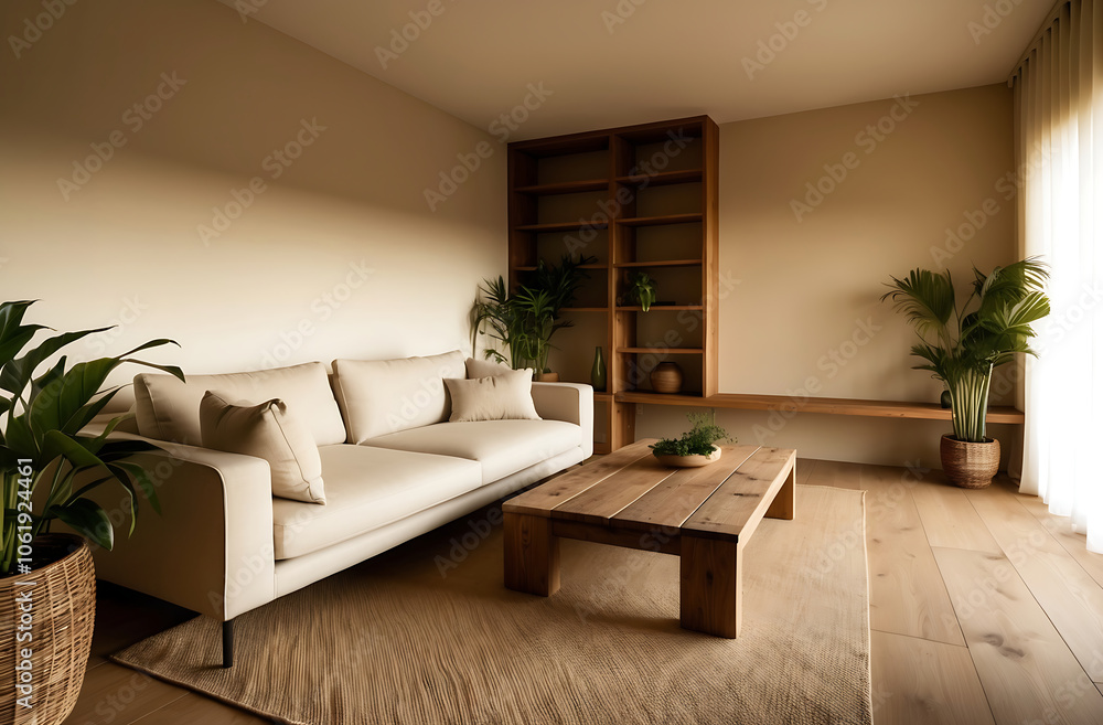 Fototapeta premium 3d interior of a Japandi style interior living room a design with simplicity, natural elements, and minimalism