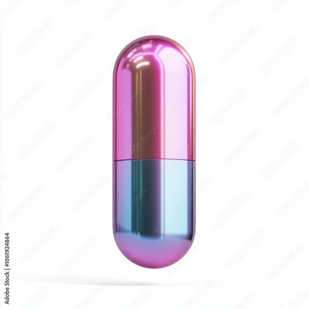 A shiny, bi-colored capsule with pink and blue hues, reflecting light against a white background, symbolizes health, medication, or dietary supplements.