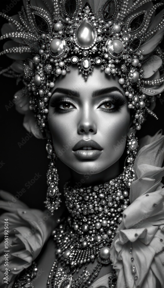 Elegant Portrait of Woman in Ornate Jeweled Headdress and Costume Elegant Portrait of Woman in Ornate Jeweled Headdress and Costume
