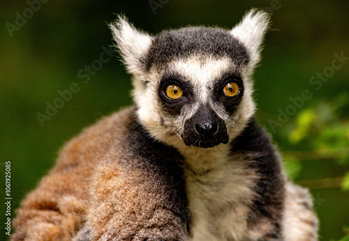 A captivating close-up of a ring-tailed lemur from La Vallée des Singes. The lemur’s striking amber eyes contrast beautifully with its white and black fur. The blurred green background highlights the 