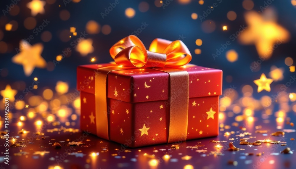 Red Gift Box with Gold Ribbon and Festive Starry Background Red Gift Box with Gold Ribbon and Festive Starry Background