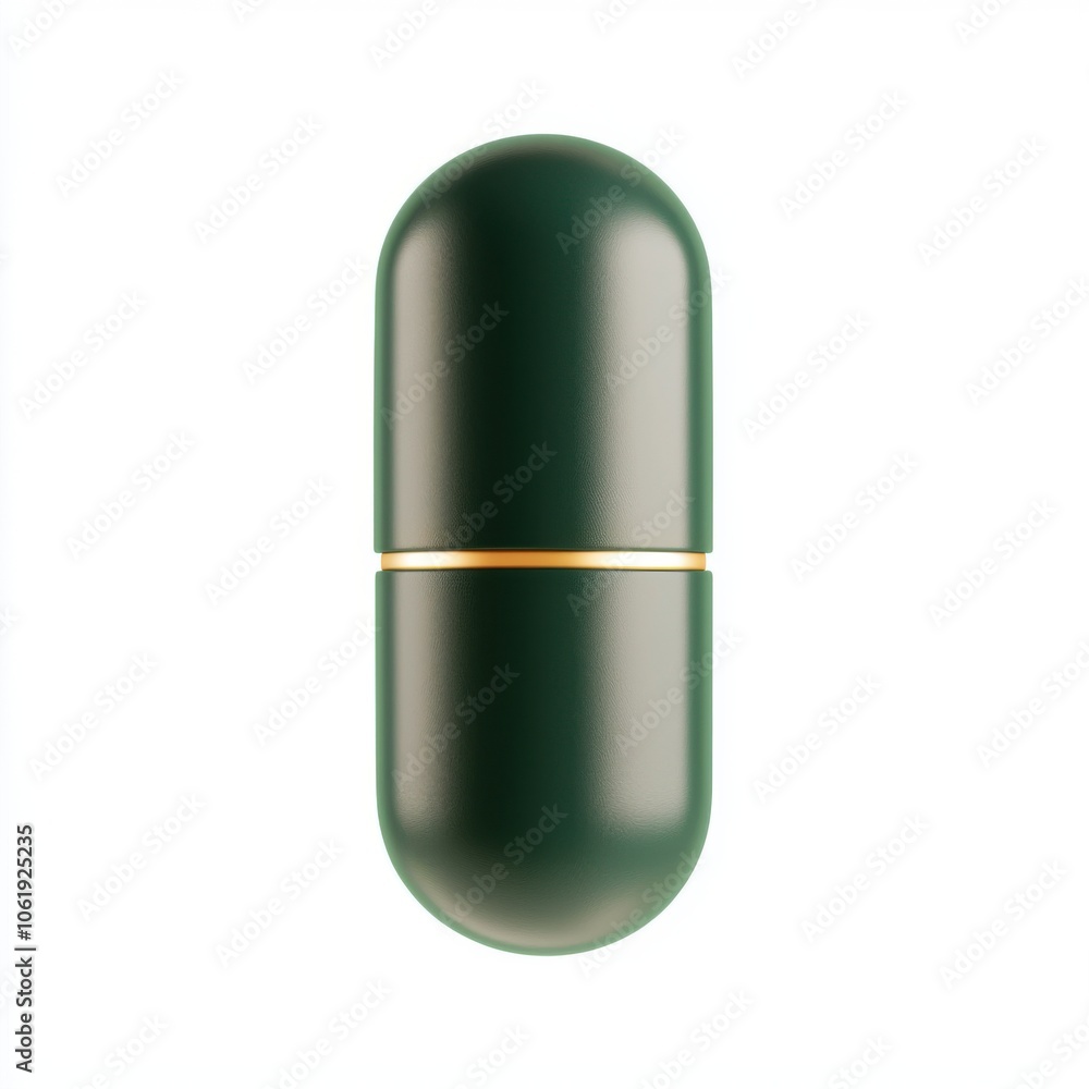 A green capsule with a golden band, symbolizing health and wellness, placed against a plain white background. A green capsule with a golden band, symbolizing health and wellness, placed against a plain white background.