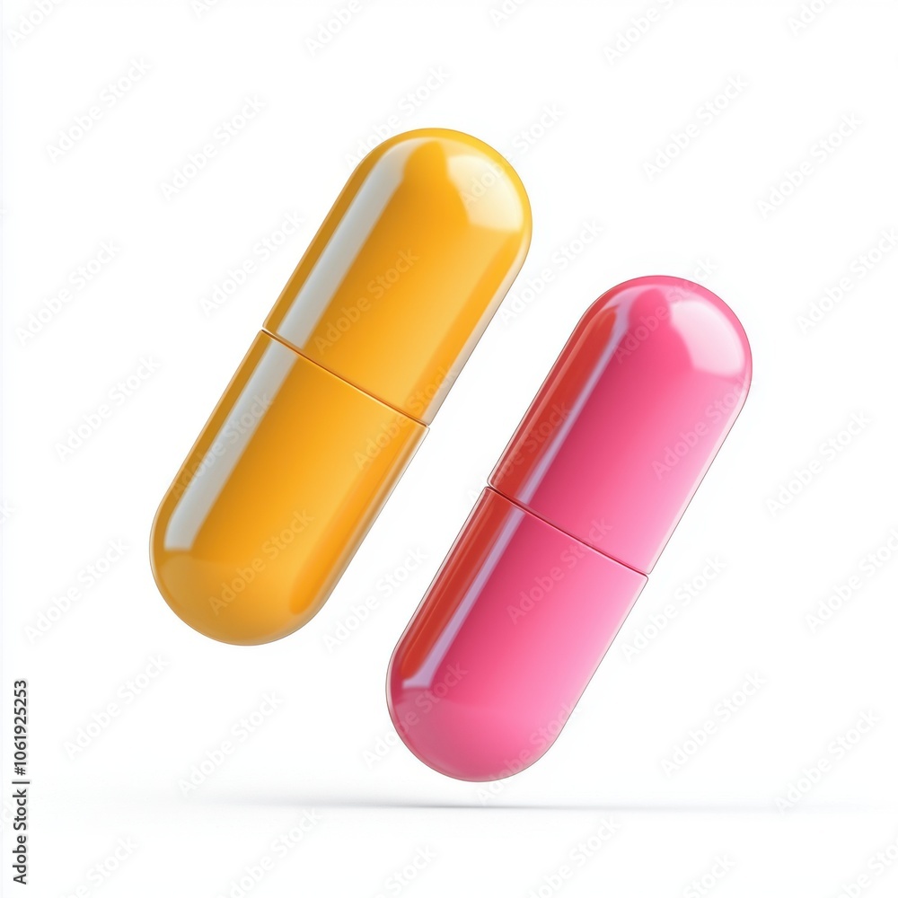 Two colorful capsules, one yellow and one pink, on a clean white background. Two colorful capsules, one yellow and one pink, on a clean white background.