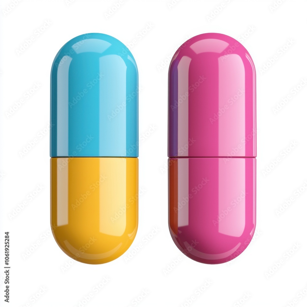Two colorful capsules, one turquoise-yellow and the other pink, represent health and wellness in a modern, sleek design. Two colorful capsules, one turquoise-yellow and the other pink, represent health and wellness in a modern, sleek design.