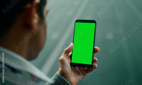 person using smartphone with the green screen