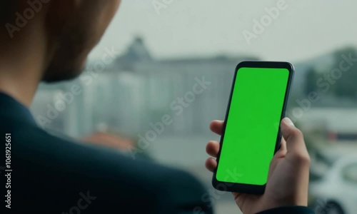 person pushing a button on a green screen