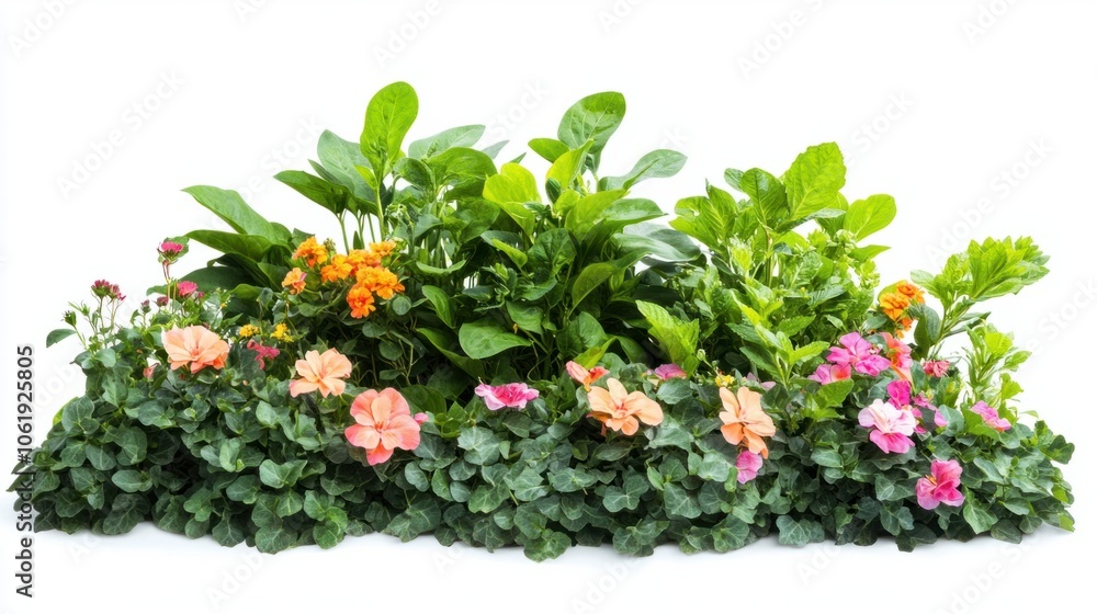 Lush flower bed with vibrant blossoms and green leaves isolated on white Lush flower bed with vibrant blossoms and green leaves isolated on white