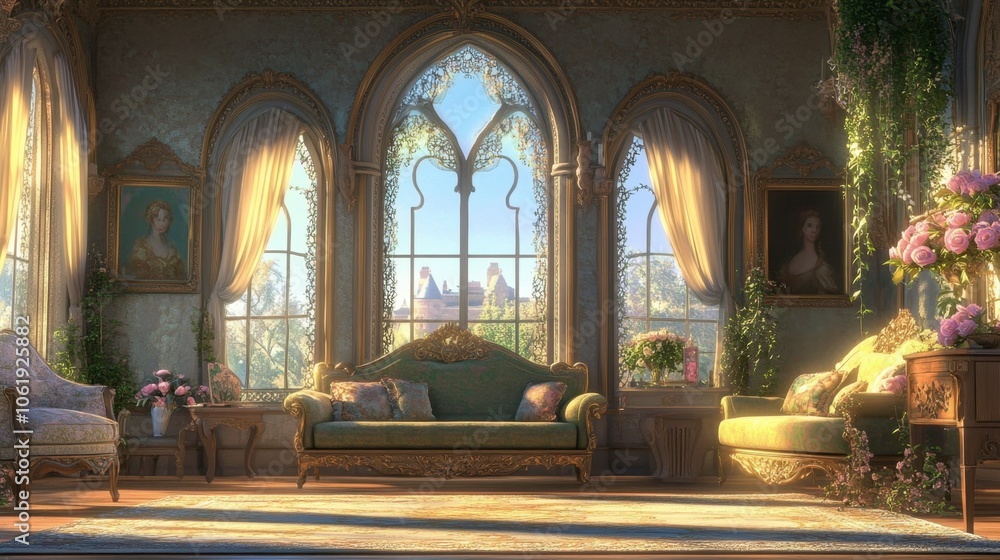 Fototapeta premium Elegant Sunlit Parlor with Vintage Decor and Flowers