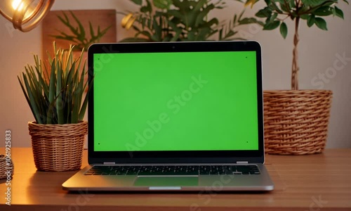 laptop on the table with the green screen