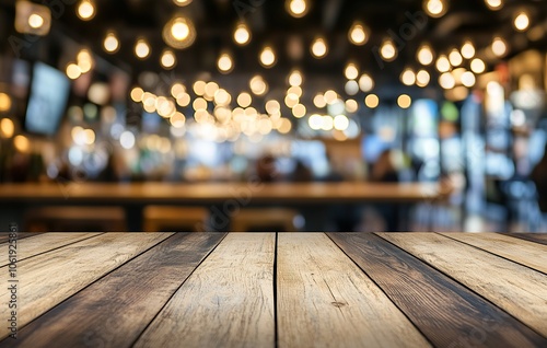 Wooden table top with blurred background of cafe interior.