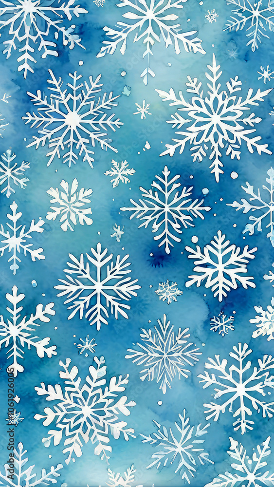 Winter snowflakes pattern in blue white watercolor festive design for Christmas or New Year decor holidays concept. Winter snowflakes pattern in blue white watercolor festive design for Christmas or New Year decor holidays concept.