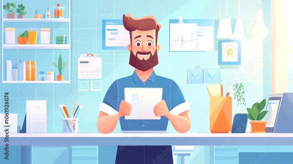 A cheerful man with a beard holds a document in a bright office setting, surrounded by plants and office supplies. A cheerful man with a beard holds a document in a bright office setting, surrounded by plants and office supplies.