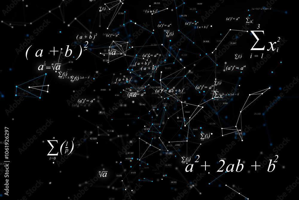 Science and education concept with digital mathematical formulas and figures on dark background. 3D rendering Science and education concept with digital mathematical formulas and figures on dark background. 3D rendering