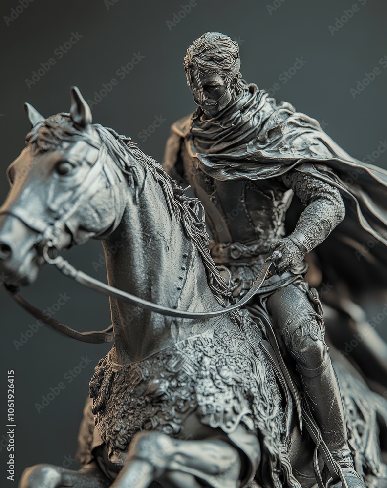 Intricate bronze sculpture of a hooded warrior riding a horse