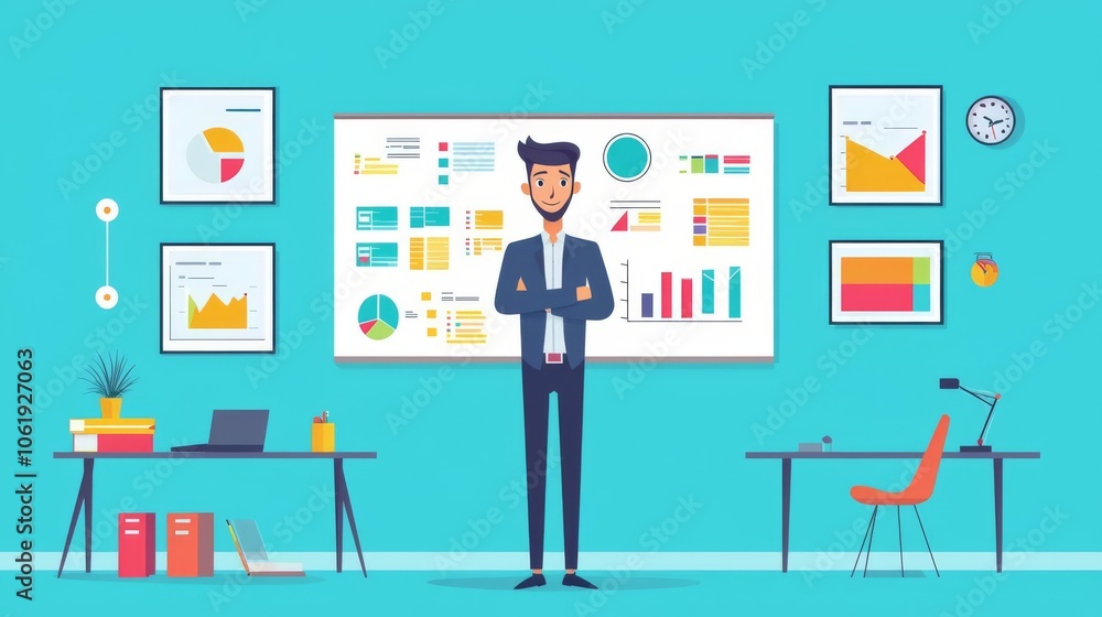 A professional man stands confidently in a vibrant office space with graphs and charts, symbolizing business success. A professional man stands confidently in a vibrant office space with graphs and charts, symbolizing business success.