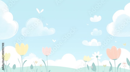 A serene landscape with pastel flowers and fluffy clouds against a light blue sky, evoking a calm and cheerful ambiance.