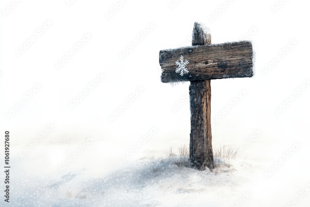 Fototapeta premium Snowy winter landscape with a rustic wooden signpost