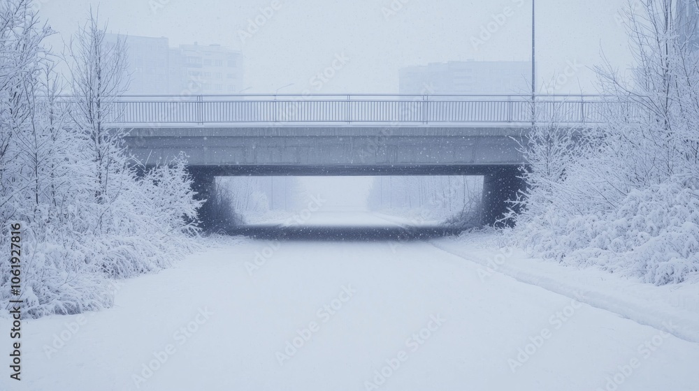 Obraz premium Tranquil Winter Scene: Snow-Covered Bridge in City with Frosted Trees and Quiet River under Soft Ambient Light