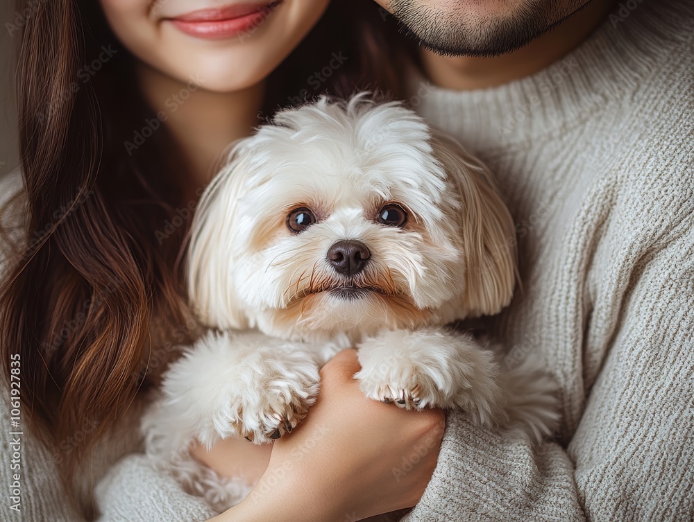 A cozy couple holding an adorable fluffy dog, symbolizing warmth and affection in a comfortable home setting. A cozy couple holding an adorable fluffy dog, symbolizing warmth and affection in a comfortable home setting.