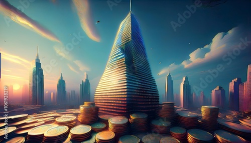  giant sky scarpers built of money and coins resembling real-estate crisis photo