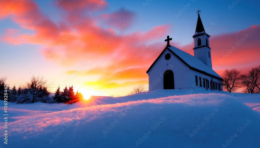 Fototapeta premium A serene winter sunset illuminates a quaint church, surrounded by pristine snow, creating a tranquil and picturesque scene.