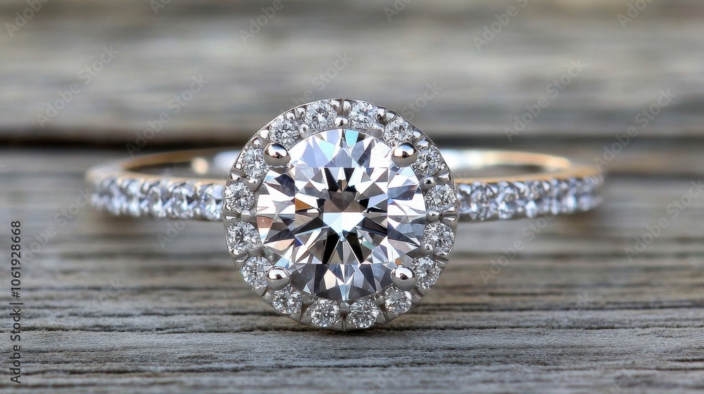 Elegant Diamond Ring on Rustic Wooden Surface Elegant Diamond Ring on Rustic Wooden Surface