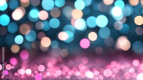 A vibrant background of colorful bokeh lights in pink, teal, and blue, creating a dreamy and festive atmosphere.