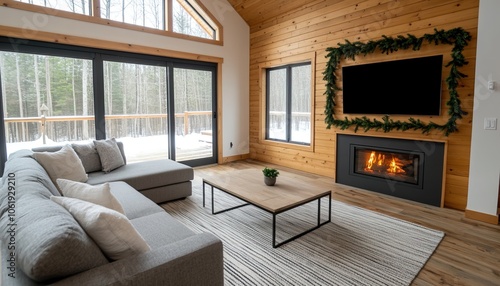 A cozy living room with large windows  a modern sofa  a fireplace  and wooden accents  creating a warm and inviting atmosphere.
