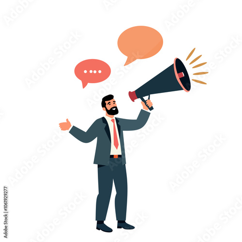 illustration of a businessman holding a megaphone with speech bubbles, symbolizing communication, announcement, or public speaking. Perfect for topics like business promotion, advertising, and leaders