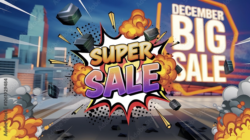 Obraz premium A Cityscape with an Exploding Super Sale Sign