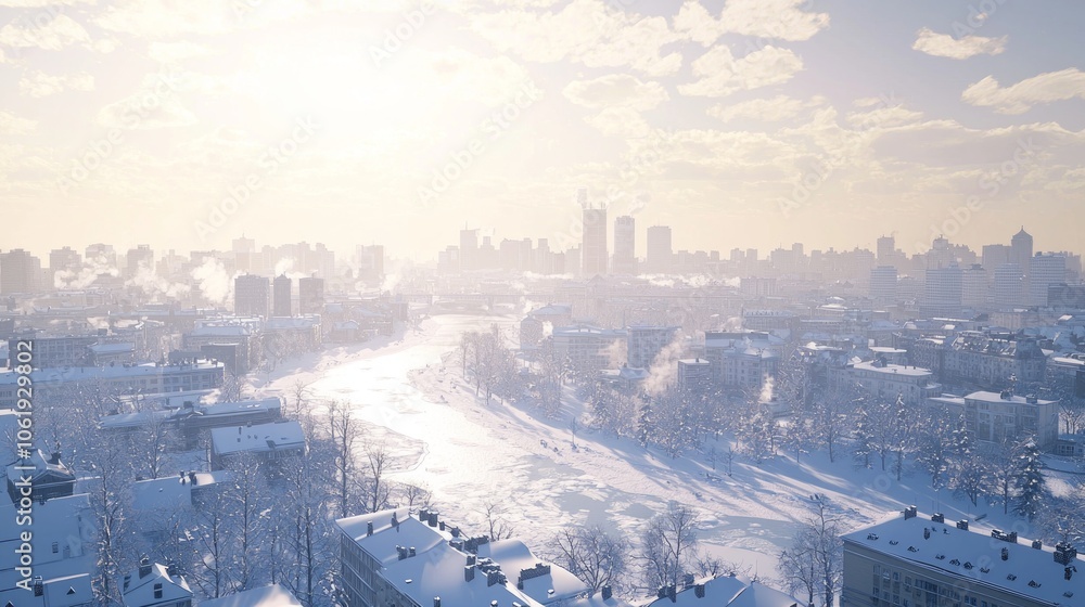 Fototapeta premium Tranquil Winter Cityscape Blanketed in Snow with Frozen River and Icicles Hanging from Rooftops under Cloudy Sky