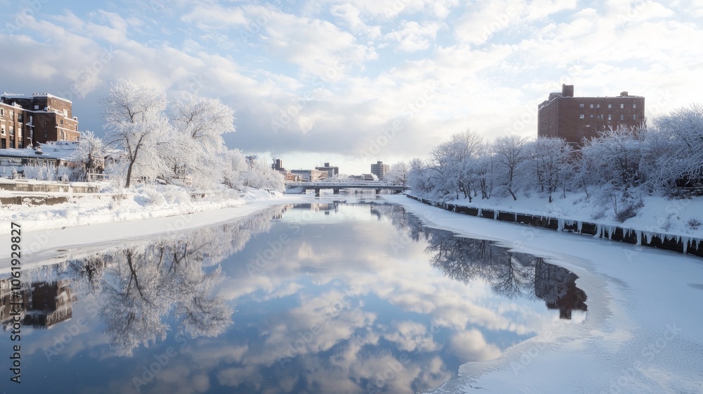 Fototapeta premium Tranquil Winter Wonderland: Snowy Cityscape with Frozen Rivers and Icicles Hanging from Rooftops under Soft Cloudy Sky