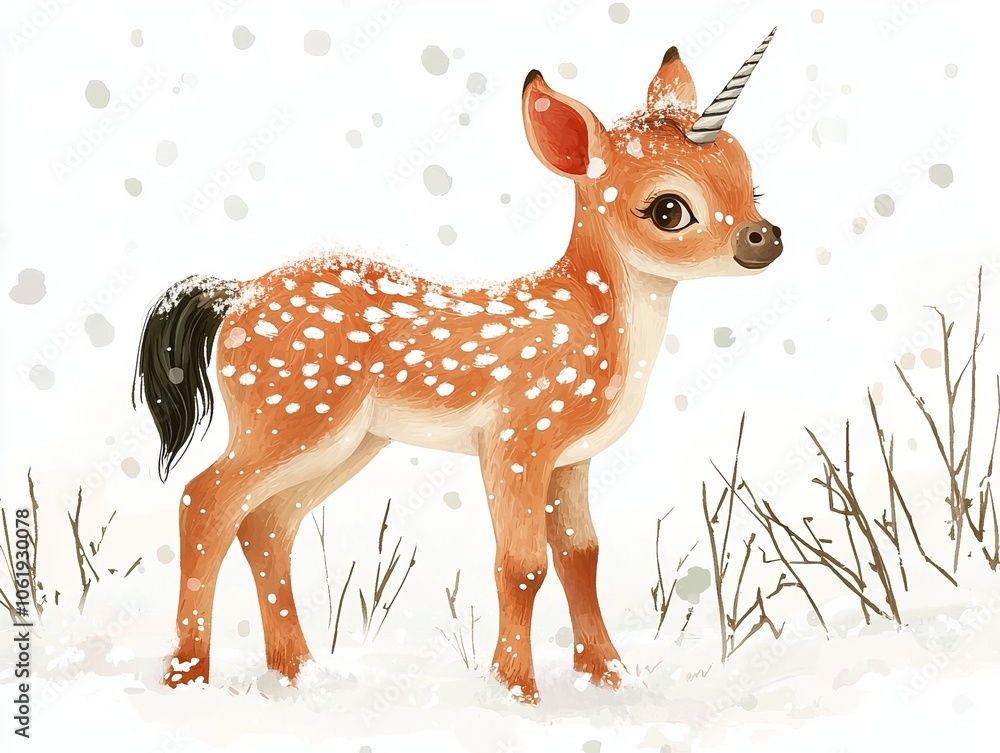 A whimsical illustration of a unicorn fawn in winter, featuring a snowy backdrop and adorable details. A whimsical illustration of a unicorn fawn in winter, featuring a snowy backdrop and adorable details.
