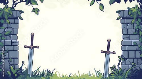 Two swords standing in front of a stone wall with green leaves.