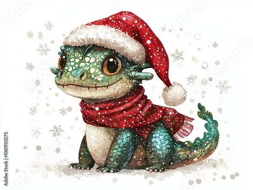 A charming green dragon wearing a Santa hat and festive scarf, surrounded by snowflakes, perfect for holiday designs.