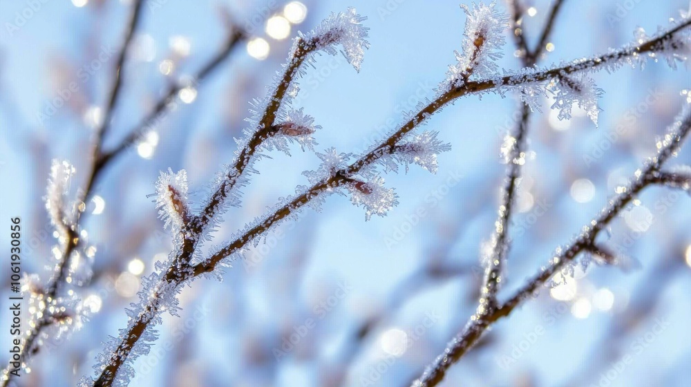 Urban Winter Wonderland: Close-Up of Frosty Branches with Snowflakes in City Park Urban Winter Wonderland: Close-Up of Frosty Branches with Snowflakes in City Park