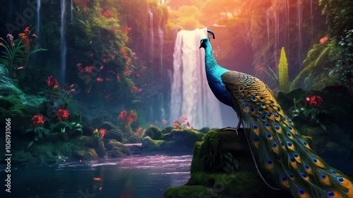 A vibrant peacock stands by a serene waterfall surrounded by lush greenery and colorful flowers in a tranquil forest setting