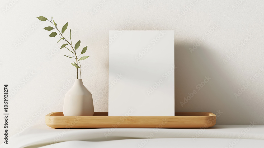 A minimalistic display featuring a blank canvas, small vase with greenery, and wooden tray on a soft surface in a serene setting.