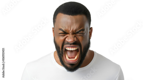 Angry upset aggressive African American man expressing his frustration furious and aggression through shouting and yelling, portrait of intense rage emotions, transparent background 