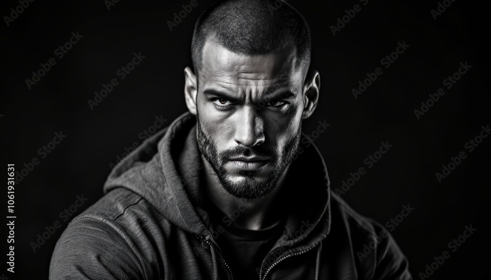 Intense Bald Man in Hoodie, Monochrome Close-Up Intense Bald Man in Hoodie, Monochrome Close-Up