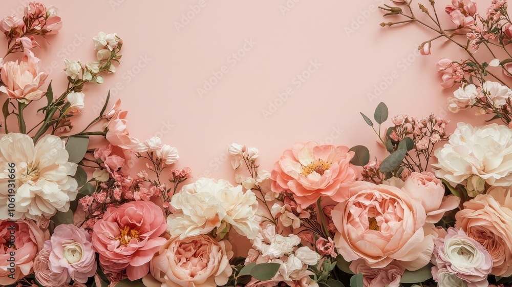 A beautiful arrangement of soft pink and white flowers on a pastel pink background, creating a delicate and elegant floral frame. A beautiful arrangement of soft pink and white flowers on a pastel pink background, creating a delicate and elegant floral frame.