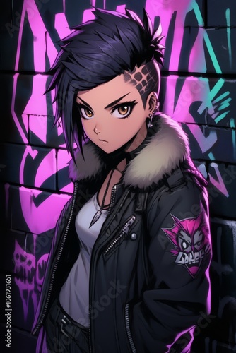 Anime Girl with Purple Hair and Leather Jacket Standing Against Graffiti Wall.