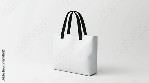 Minimalistic white tote bag with black handles on a plain white background, showcasing a simple and elegant design for fashion or shopping purposes, Mockup