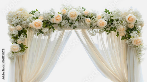 Elegant arch adorned with wedding flowers and roses, beautiful backdrop for a ceremony, delicate drapery and fresh floral arrangements that romance and classic charm in an outdoor marriage celebration