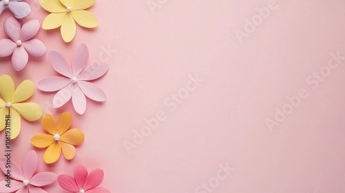 A charming arrangement of colorful paper flowers on a soft pink background, perfect for spring-themed decor or crafts.