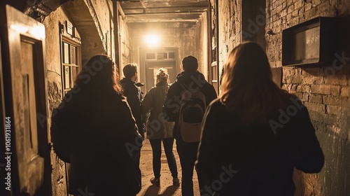 A group of people on a ghost tour, exploring a historic, haunted building with a guide leading the way.
